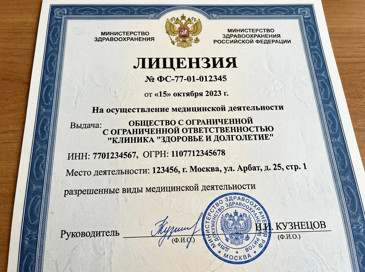 Скан лицензии Министерства здравоохранения РФ на осуществление медицинской деятельности, официальный документ с печатью, синяя рамка, крупный текст на белом фоне