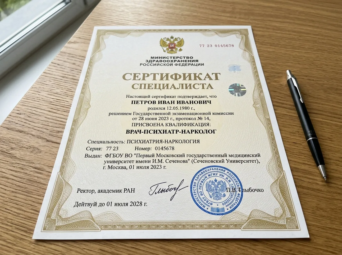 Сертификат специалиста врача-психиатра-нарколога, официальный бланк Минздрава России, фото диплома с подписью и печатью медицинского учреждения