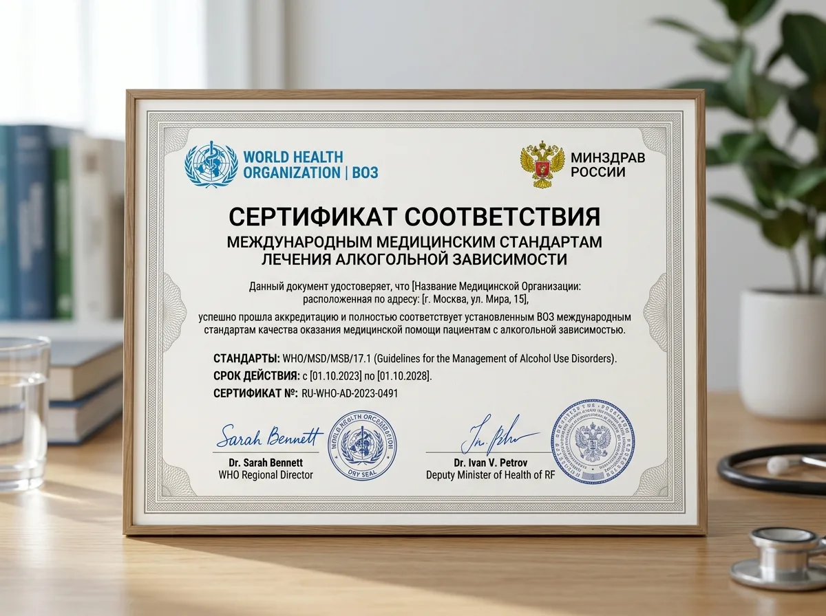 Сертификат соответствия международным медицинским стандартам лечения алкогольной зависимости, официальный документ с логотипом ВОЗ и Минздрава, белый фон
