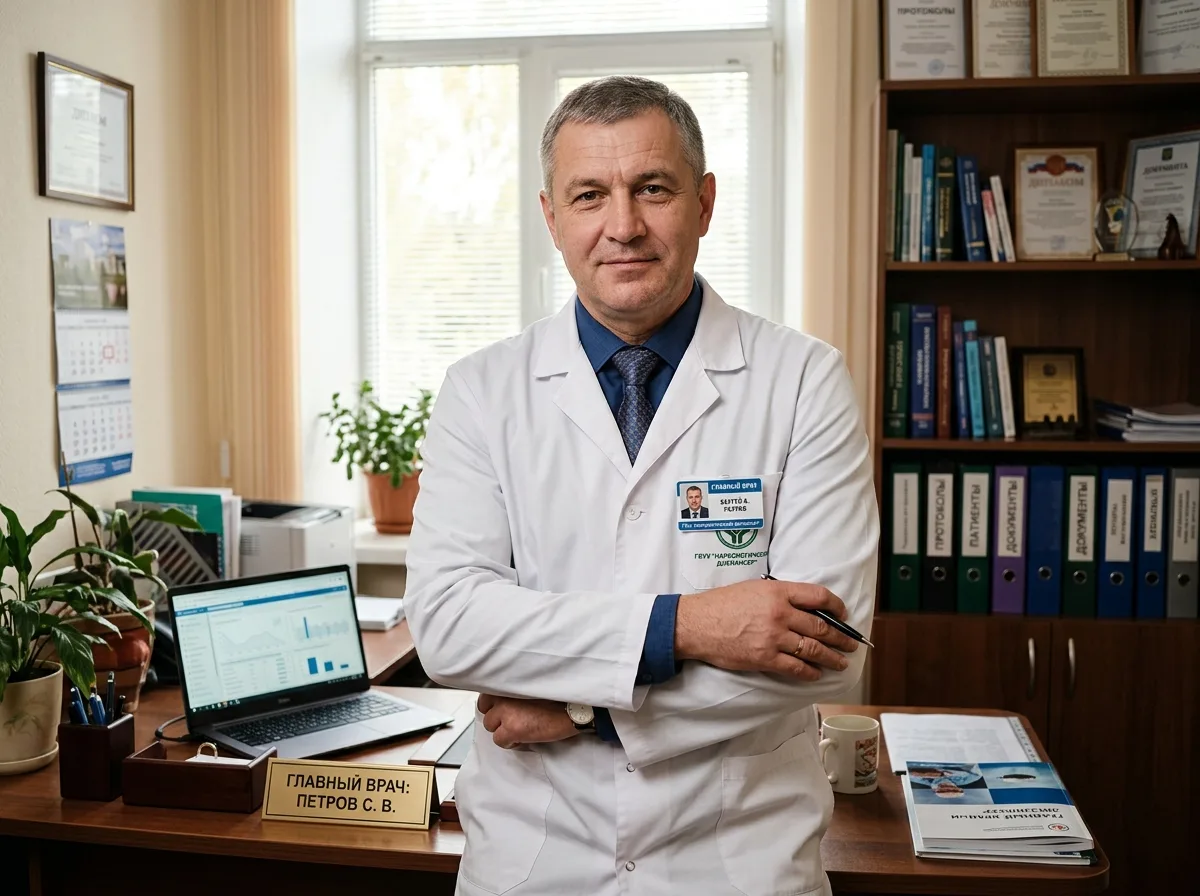Портрет главного врача наркологической клиники, мужчина 50 лет в белом халате, профессиональное фото в медицинском кабинете, уверенный взгляд