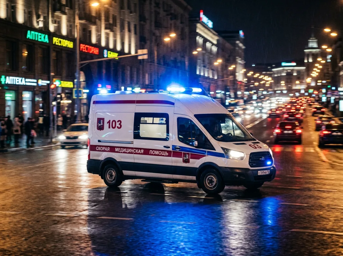 Размытый фон — скорая медицинская помощь выезжает ночью по улицам Москвы, яркие огни города, синее и белое освещение, динамичная атмосфера срочного выезда